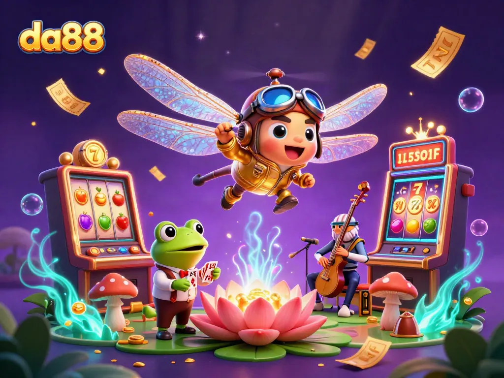 Experience thrilling da88 slot games with our animated casino scene featuring a dragonfly pilot and frog dealer.