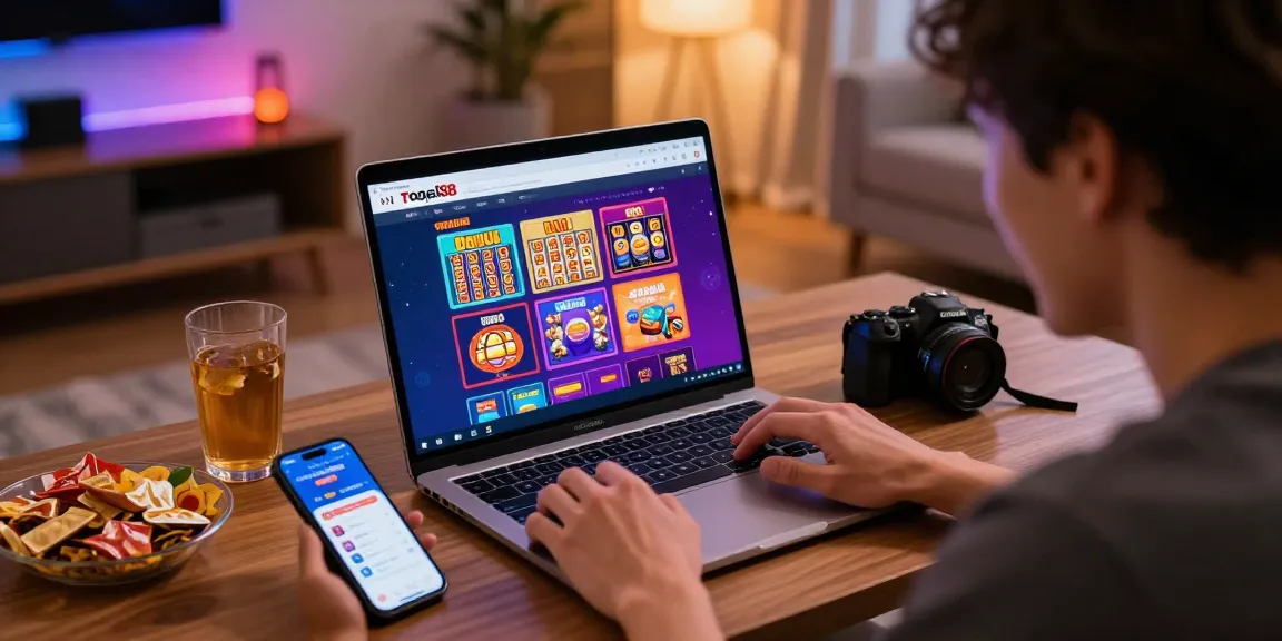 Engaging gaming moment featuring Link Alternatif Togel88 on a laptop screen, showcasing vibrant lottery and slot game graphics in a modern setup.