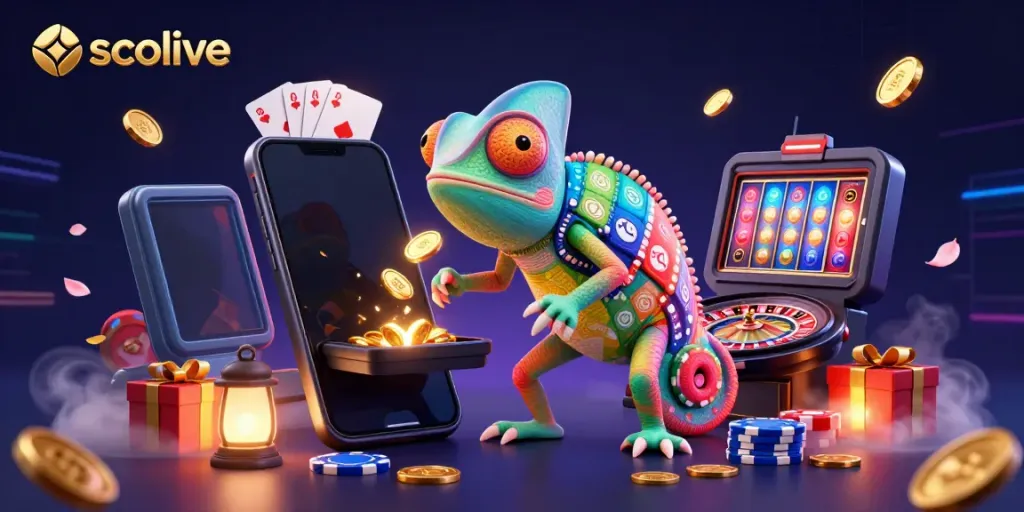 Socolive offers a vibrant and dynamic illustration featuring an enormous chameleon casino owner capturing golden coins, symbolizing exciting gaming experiences.