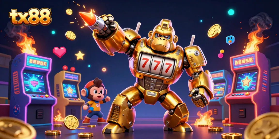 Experience the excitement of tx 88 with a powerful golden gorilla mech surrounded by vibrant casino elements.