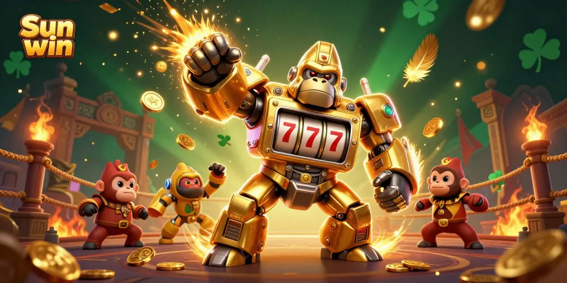 Sun win features a golden gorilla mech bursting with coins, showcasing exciting casino gameplay.
