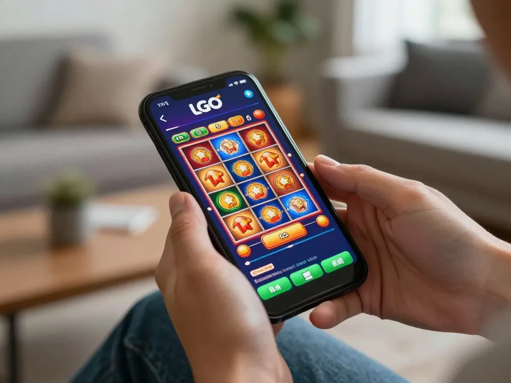 LGO GOAL mobile gaming action with vibrant slots displayed on smartphone, highlighting interactive play.