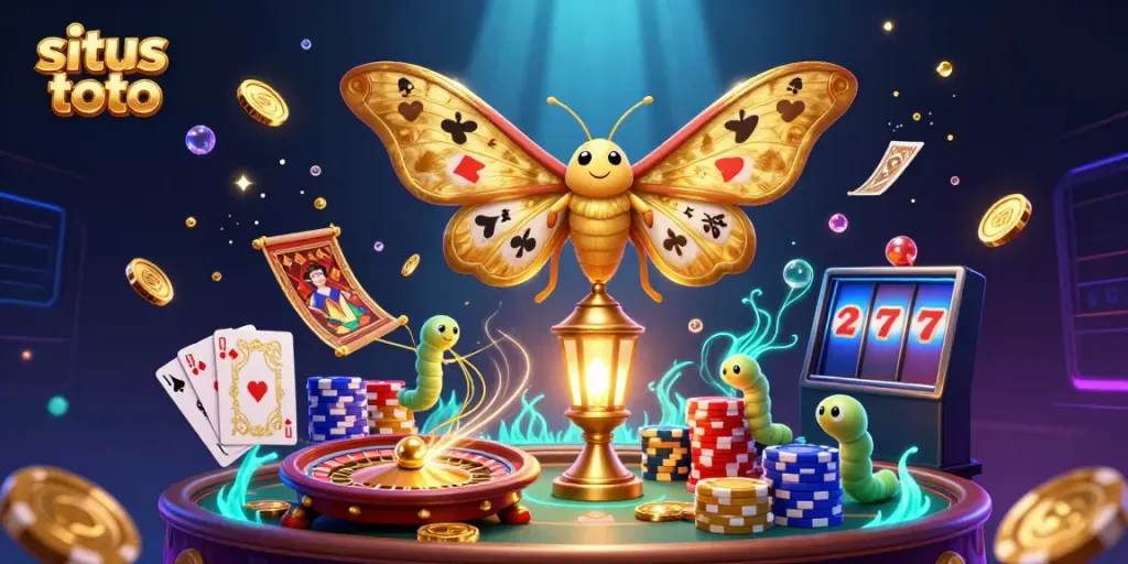 Engage with situs toto in a vibrant 3D casino illustration of a golden atlas moth surrounded by gaming elements.