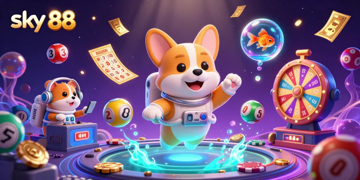 Experience thrilling gameplay at sky 88 with vibrant characters and abundant casino elements floating dynamically.