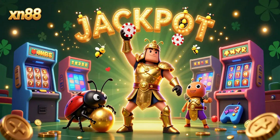 Win big at xn88 with vibrant 3D casino art showcasing a victorious beetle character celebrating the jackpot