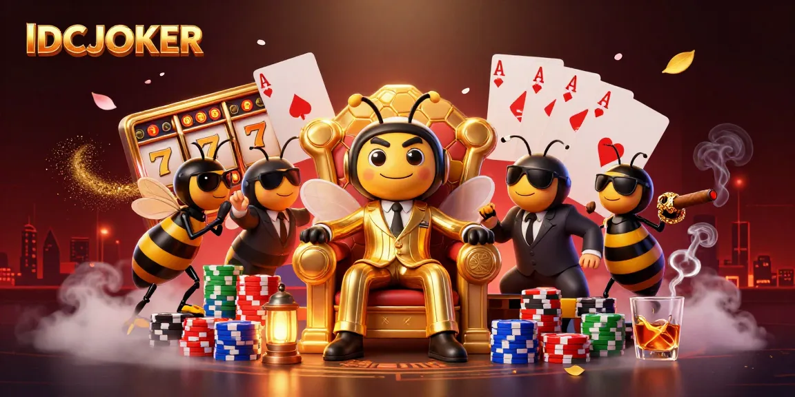 Experience excitement with IDCJOKER in this dynamic 3D casino scene featuring slot reels and vibrant characters.