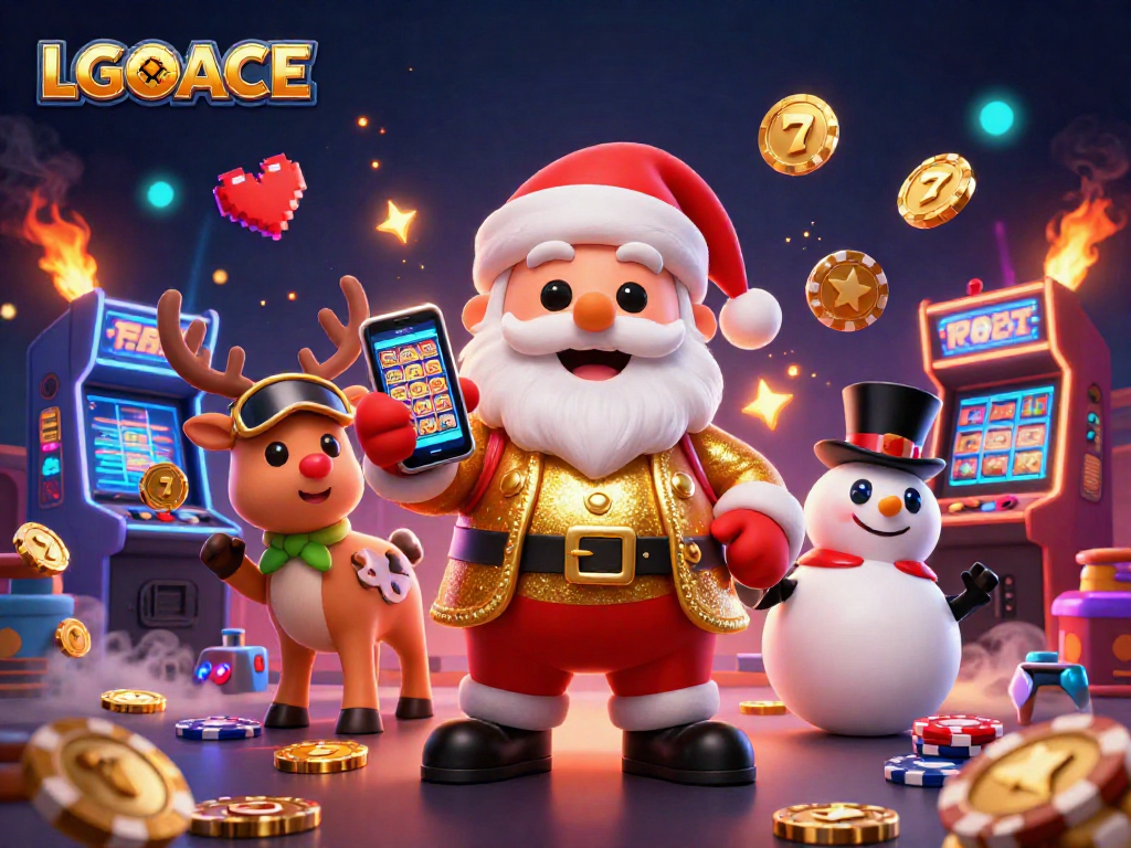 LGOACE Santa Claus showcases jackpot slots with festive reindeer and snowman companions in a vibrant casino scene.