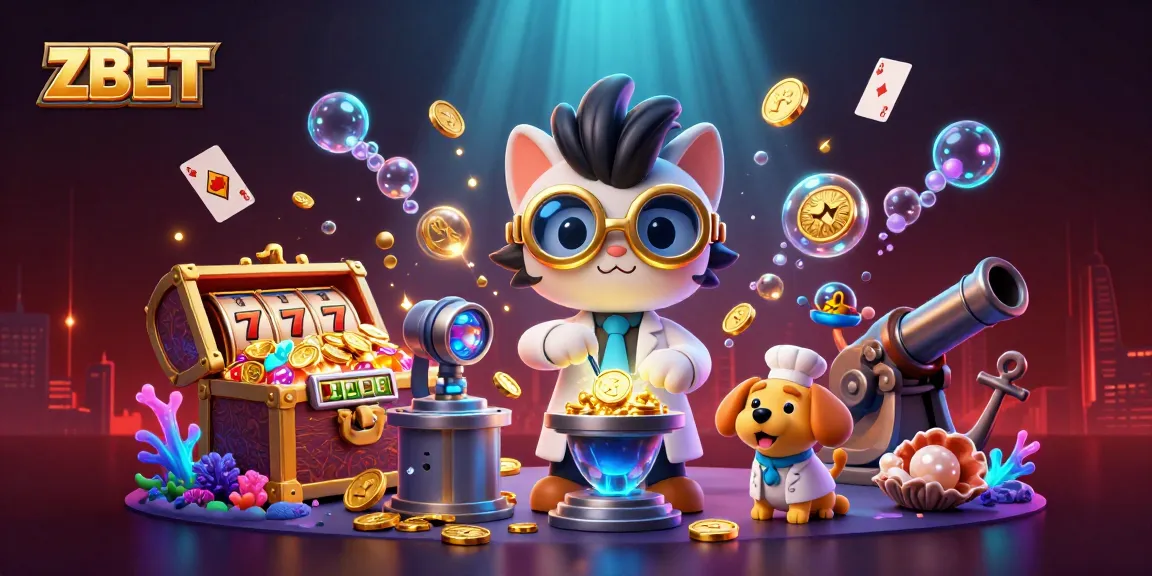 ZBET slot gaming adventure with a mad scientist cat and a dog, creating golden rewards in an exciting underwater scene.