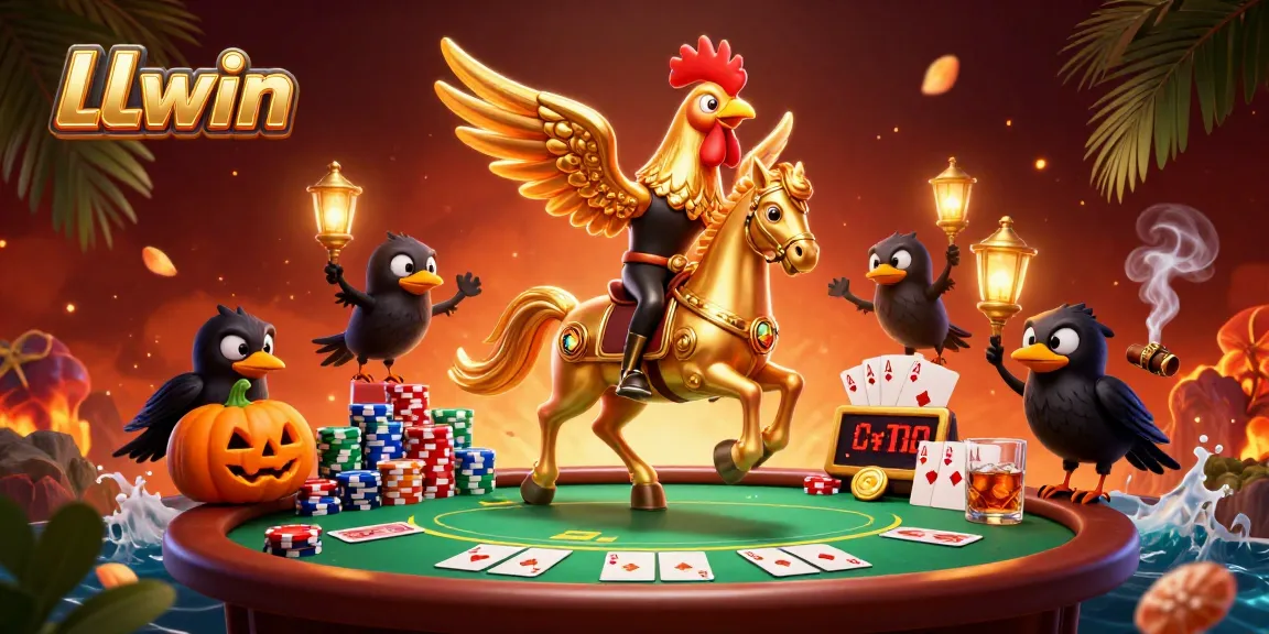 Engage with LLwin's vibrant gaming scene featuring a golden rooster and poker elements.