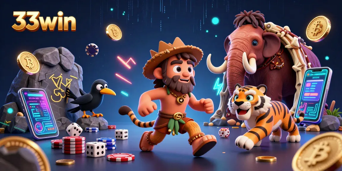 33win's lively caveman and sabertooth duo showcase online gambling excitement with neon coins and game elements.