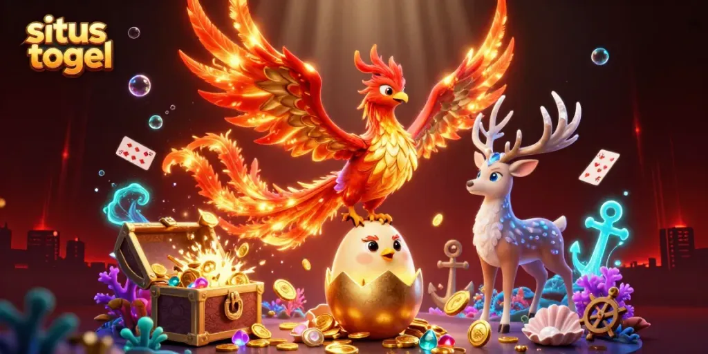 Engaging illustration of a thriving gaming scene with a phoenix and stag amidst vivid casino elements showcasing situs togel.