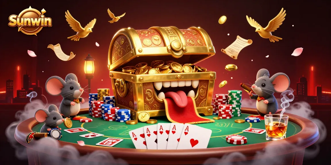 Sunwin showcases a vibrant 3D illustration of a treasure chest enticing adventurer mice amidst a lively poker scene.