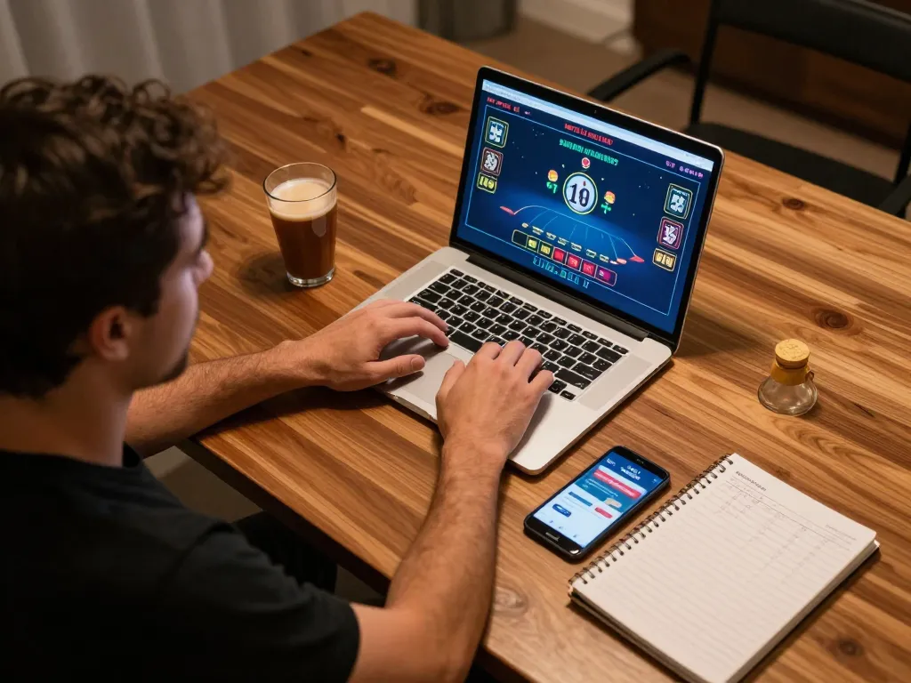 Player using Agen LIGALGO app for blackjack strategy, focused at home gaming setup.