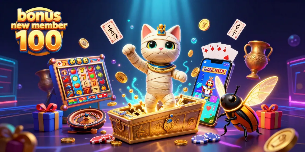 Spin and win with bonus new member 100 in a vibrant casino scene featuring an Egyptian mummy cat and a scarab.