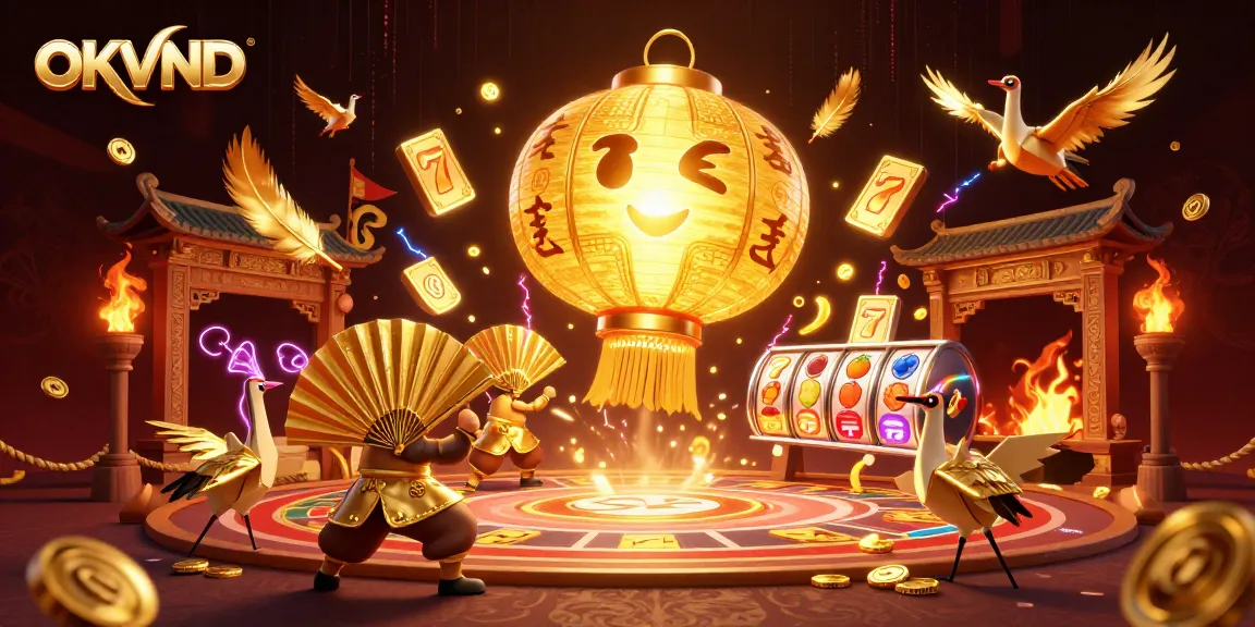 Immerse in the vibrant OKVND casino world with a glowing lantern spirit and dynamic gaming elements.