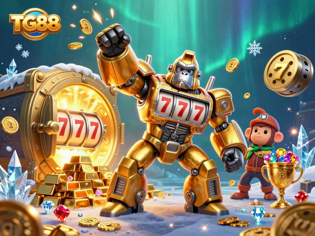 TG88 gaming transformation featuring a golden gorilla mech, jackpot elements, and treasure-filled environment.