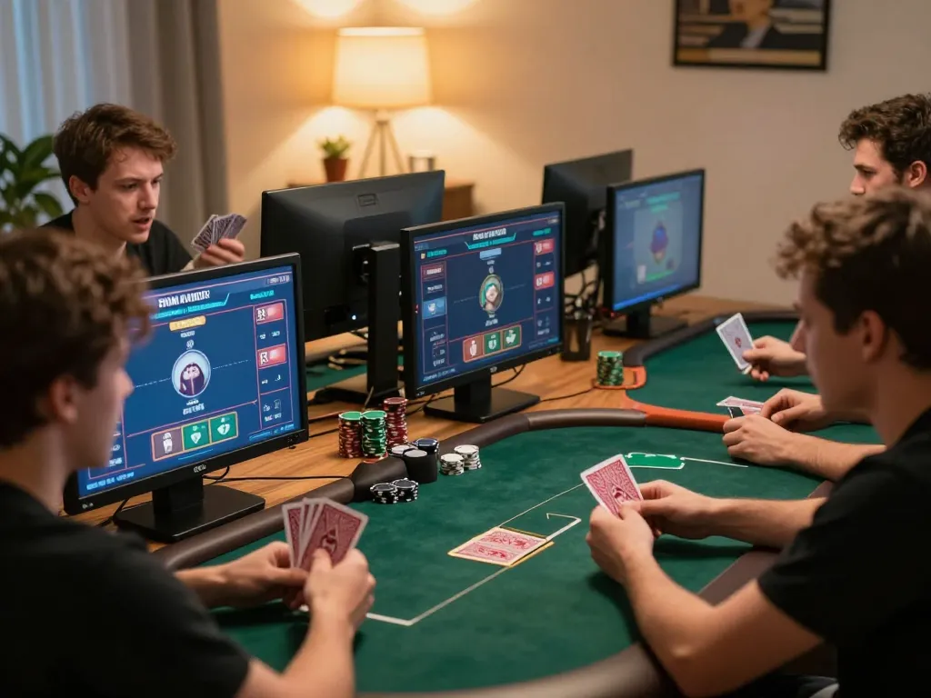 Situs MPOID showcases a thrilling online poker session as players navigate their strategies in a cozy home environment.