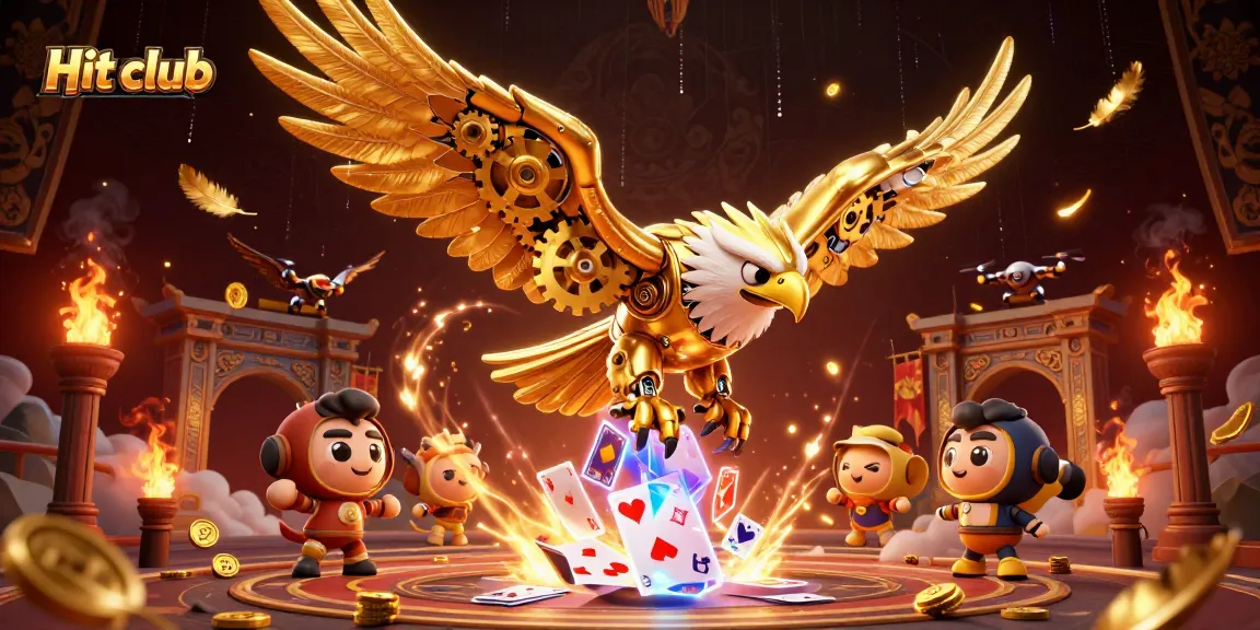 Hit club showcases a cybernetic eagle diving through holographic cards, embodying casino excitement.