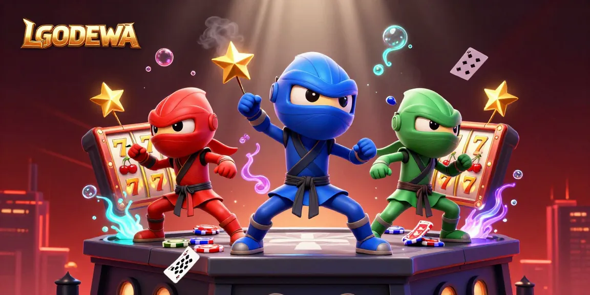 Win big with LGODEWA's thrilling online slot action featuring vibrant chameleon ninjas.