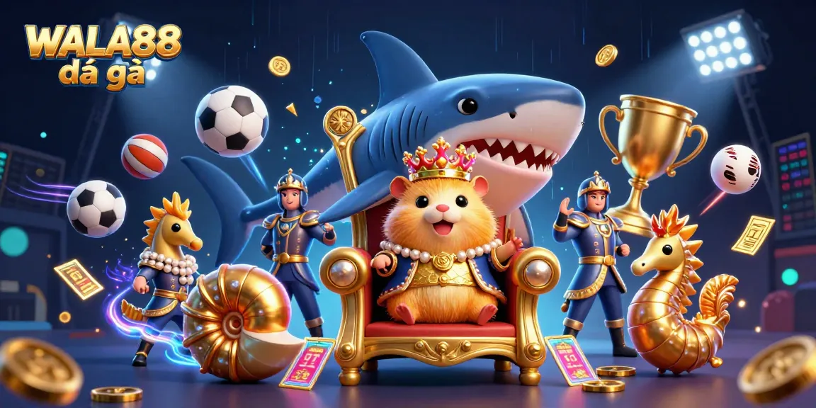 Experience thrilling WALA88 đá gà action with our vibrant illustration featuring a golden hamster king and seahorse guards.