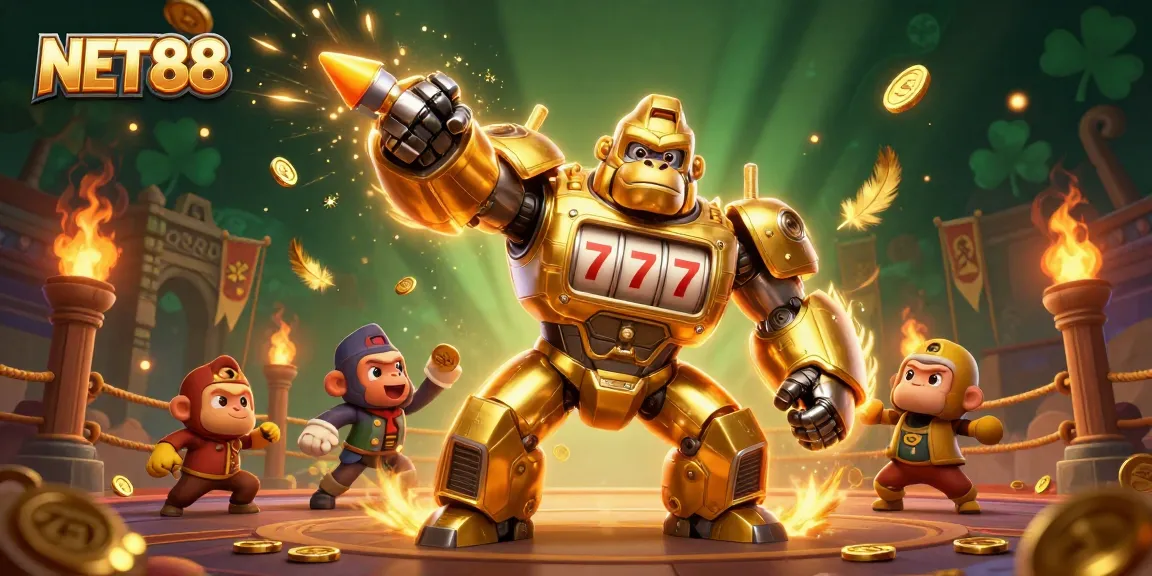 Experience NET88 action with a dynamic illustration of a golden mech gaming triumph.
