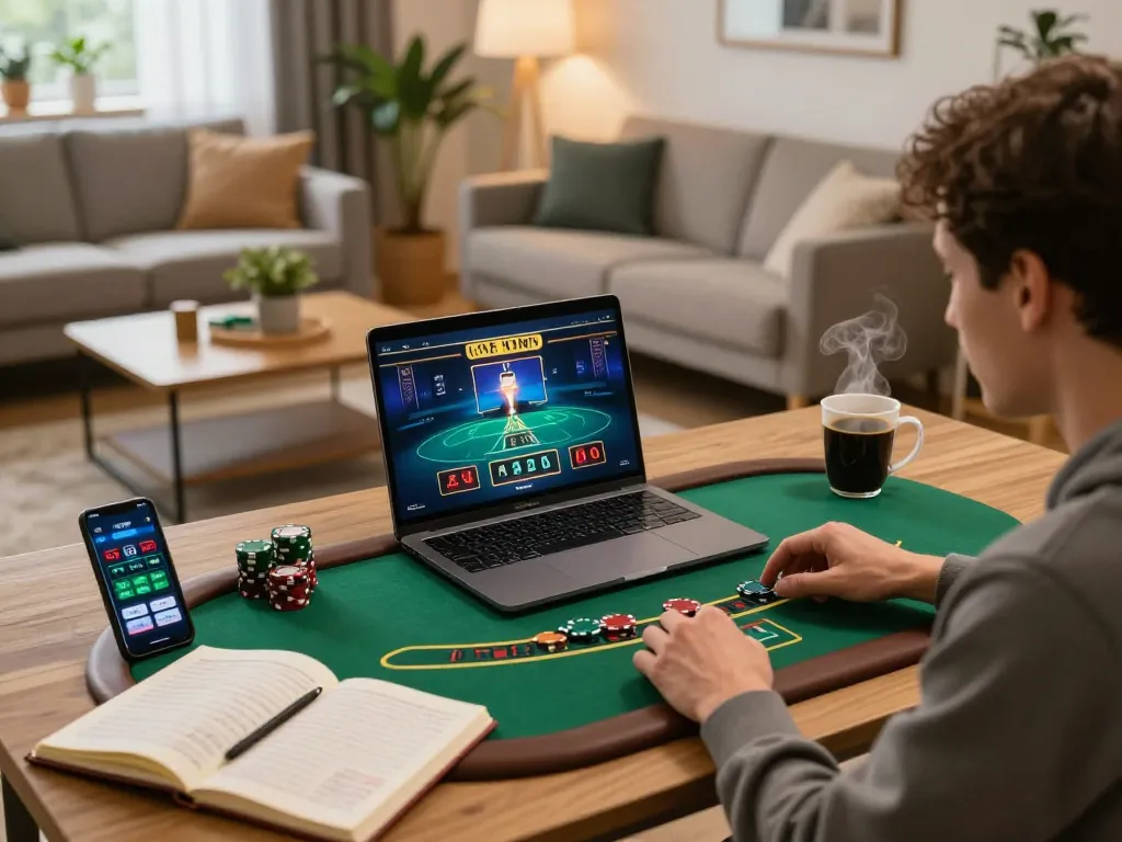 Người đam mê chơi game LUCK8 đang thưởng thức một trò chơi blackjack với dealer trực tiếp trên laptop tại nhà.