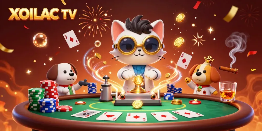 Experience the thrill of gambling with XOILAC TV as a mad scientist cat and assistant create excitement with poker chips and coins.
