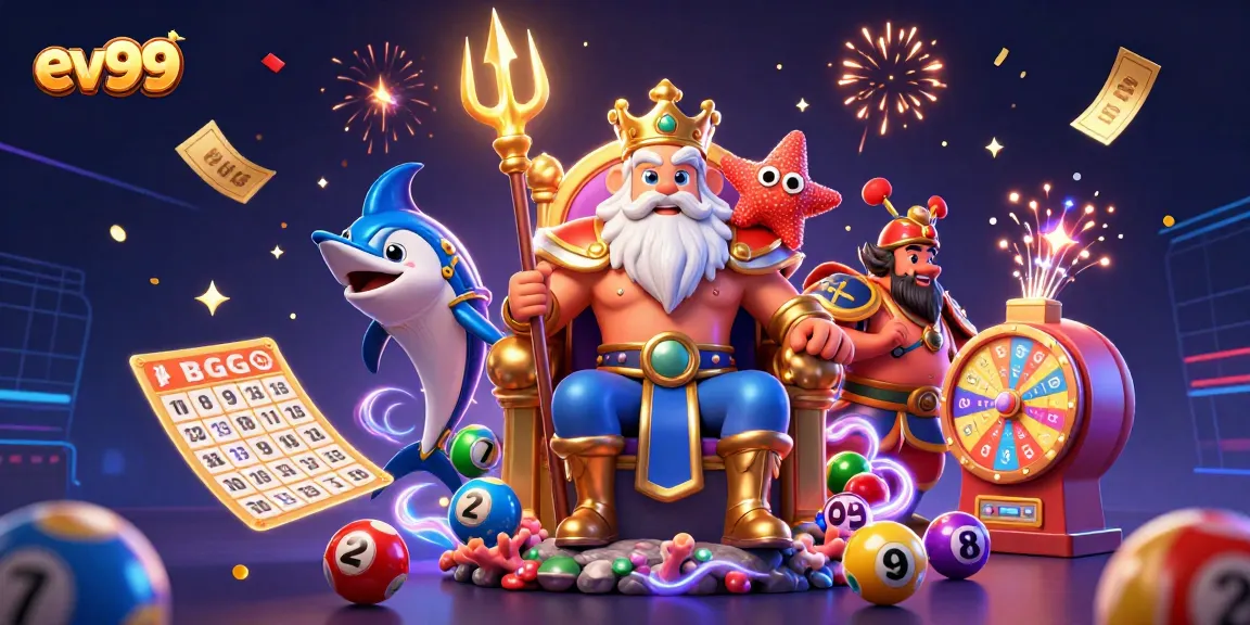 Win big at ev99 with vibrant lottery balls, a sea king, and festive casino symbols!