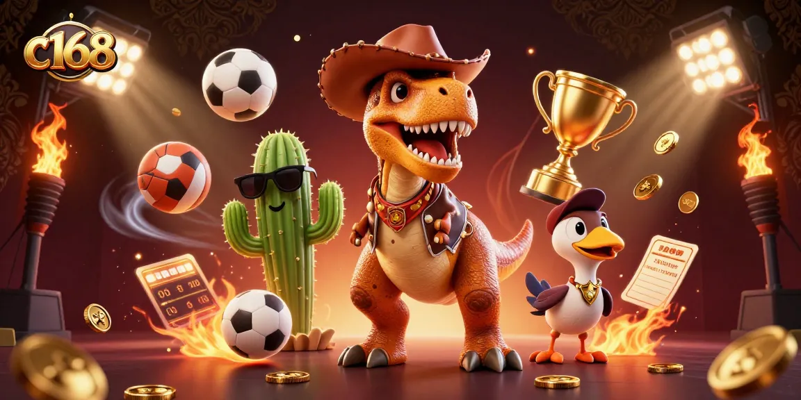 C168 showcases an animated T-Rex cowboy in a vibrant casino scene, capturing thrilling sports action.