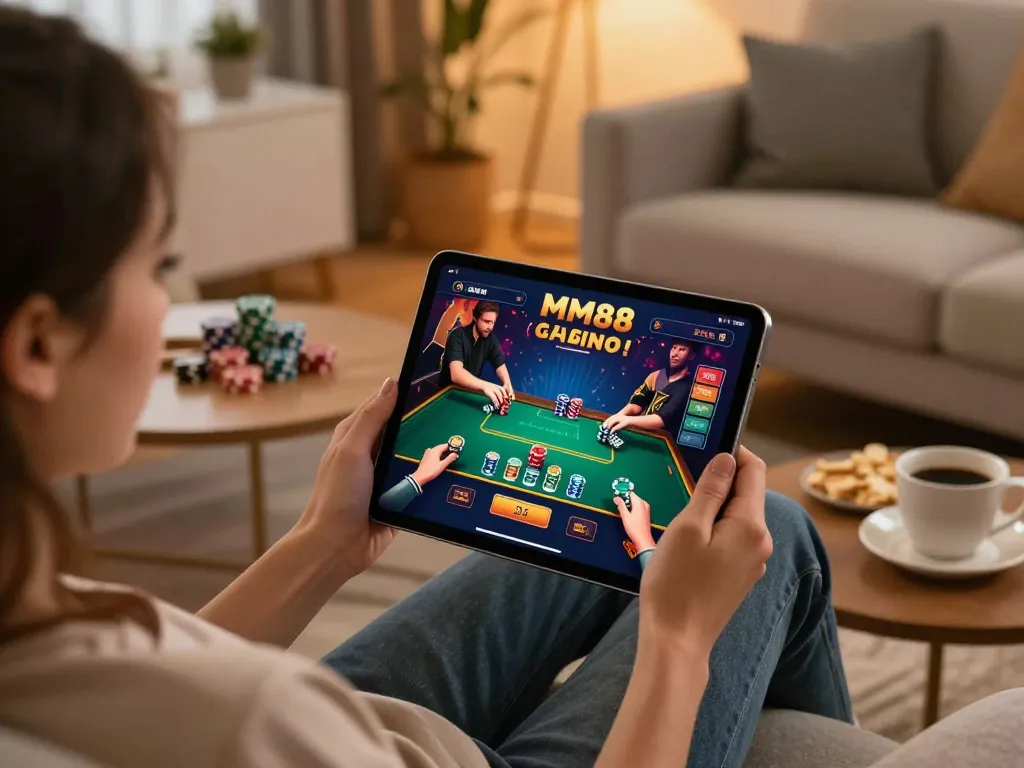 Engaging in live dealer gameplay on the MM88 app from a comfortable home setup.