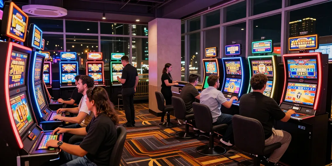 B52 gaming scene with players at vibrant casino tables and bright slot machines, capturing excitement.