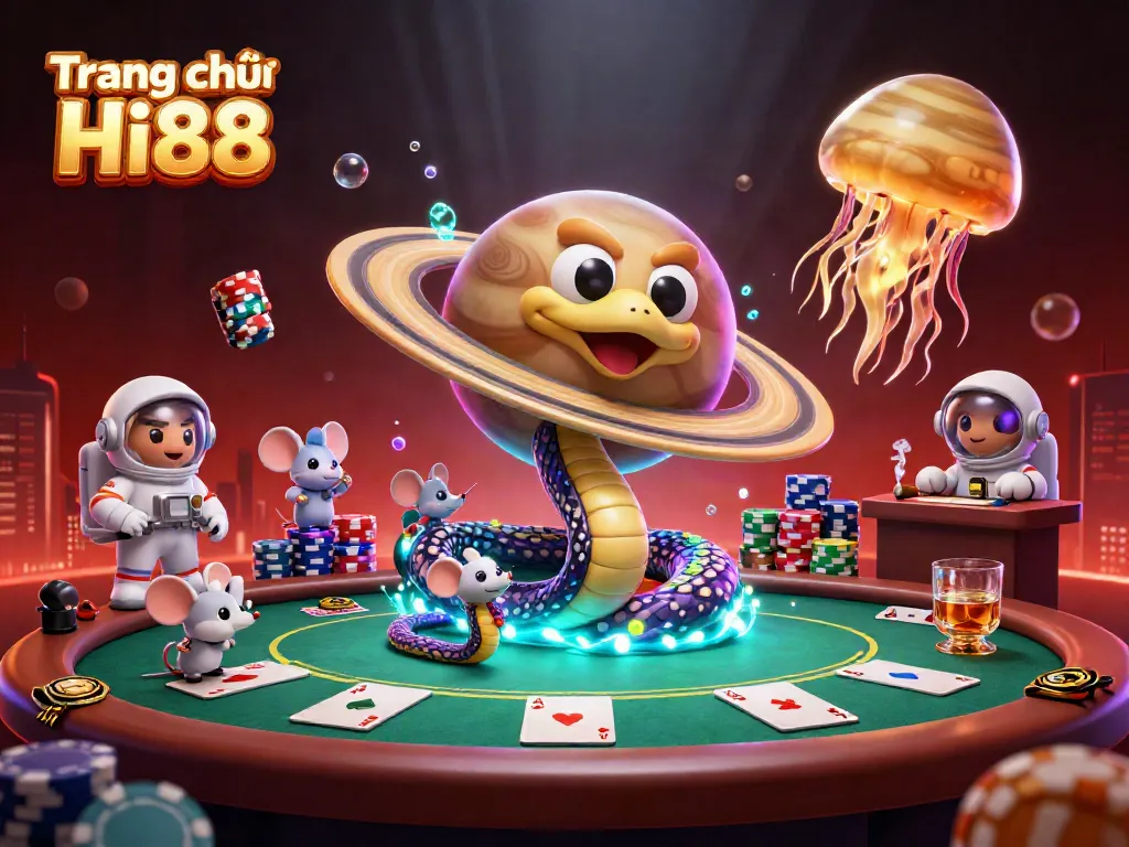 Engage with Trang chủ Hi88 as gambling astronaut mice bet on a cosmic roulette wheel in this vibrant 3D scene.