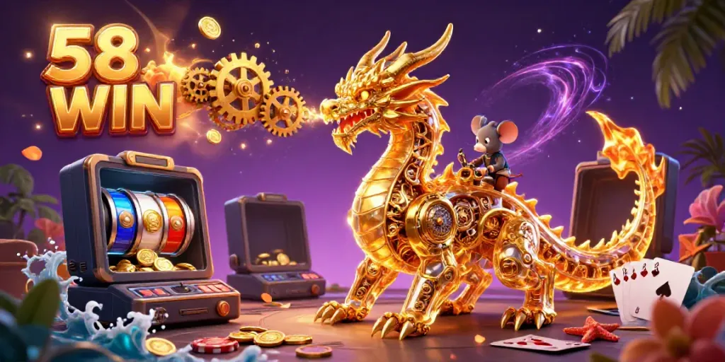 Engage with the excitement of 58 WIN featuring a golden dragon and thrilling casino elements.