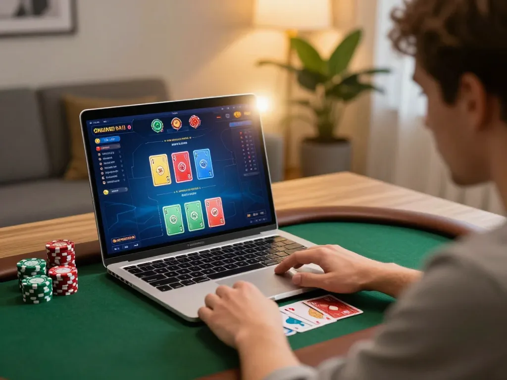 Enjoying a strategic online poker game with sunwin, showcasing engaging gameplay and a modern home setup