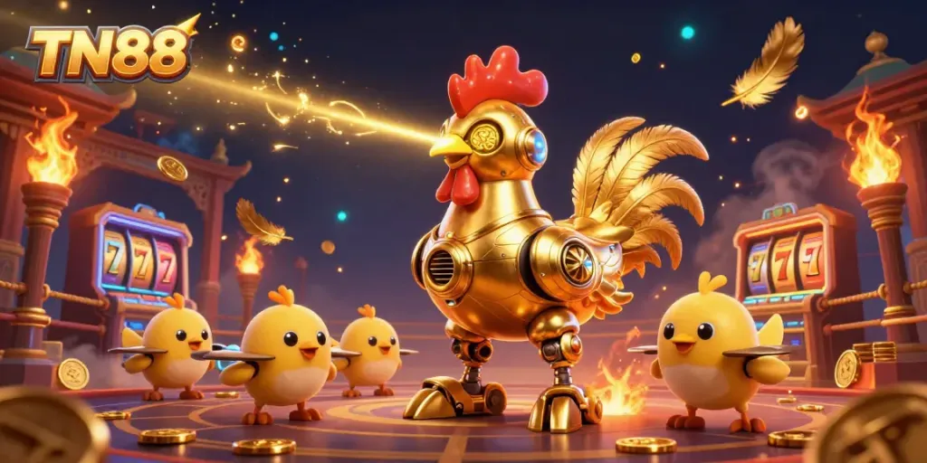 Engage with TN88 through an electric casino adventure featuring a golden rooster robot and baby chick drones amid slot reels and gold.