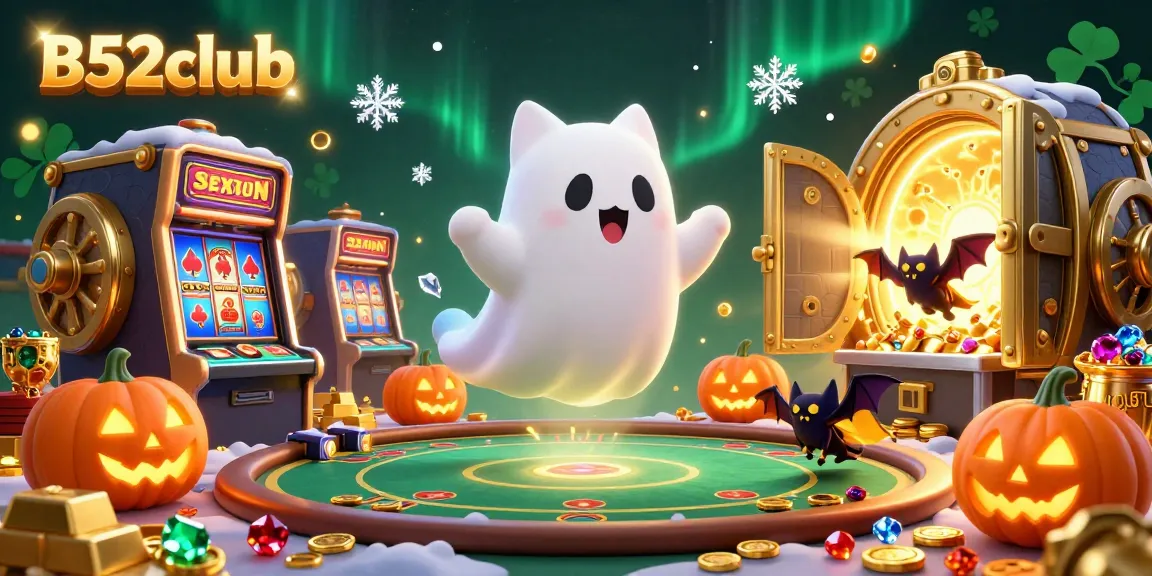 B52club players enjoying a vibrant casino experience with a friendly ghost cat and vampire bat amidst golden treasures.