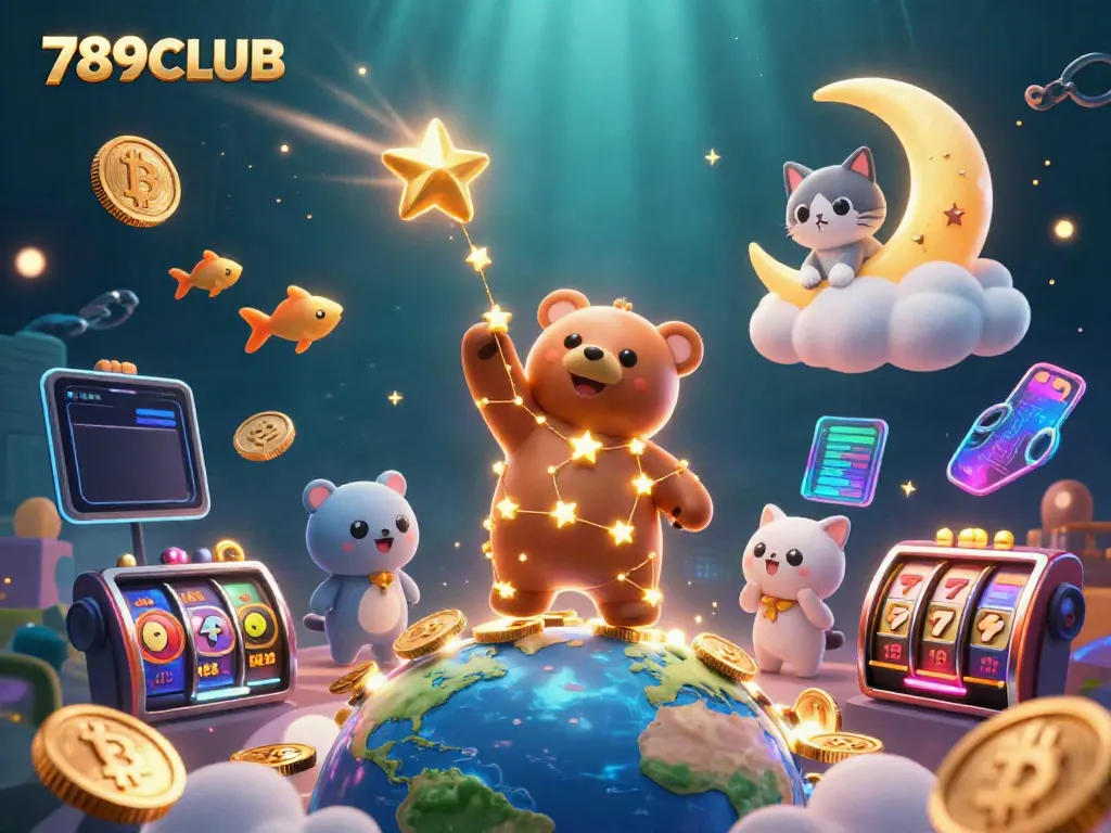 Experience dynamic gaming with 789CLUB as a golden constellation bear descends in a vibrant casino scene.