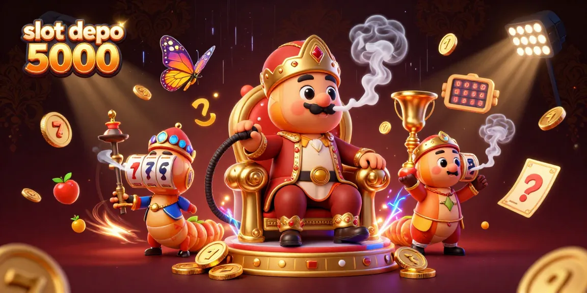 Engage with slot depo 5000 in an exciting online casino atmosphere featuring colorful slot symbols and vibrant characters.