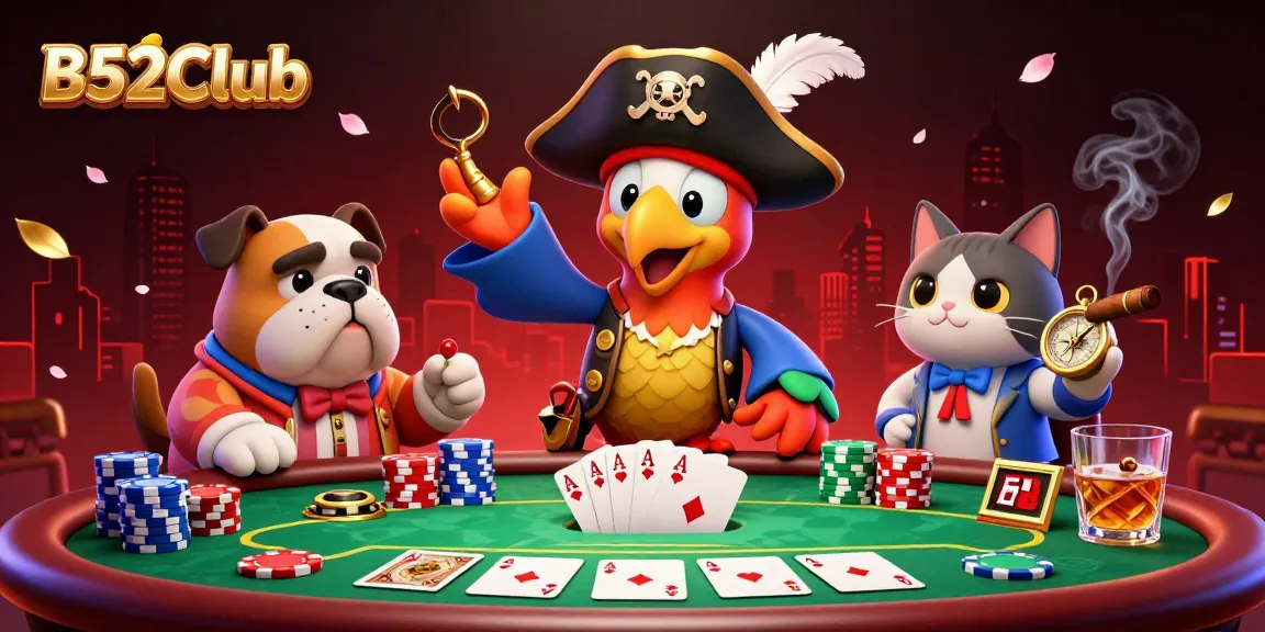 B52Club pirate-themed illustration with a parrot captain, bulldog, and cat at a poker table.