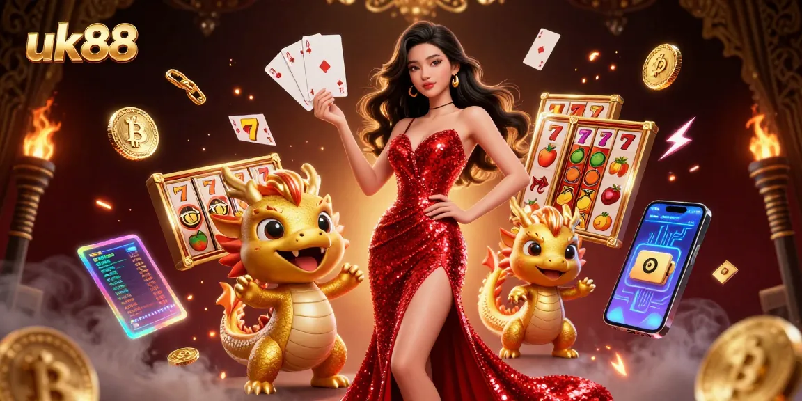uk88 showcases an elegant Asian woman inviting players to spin the slots with cheerful energy.