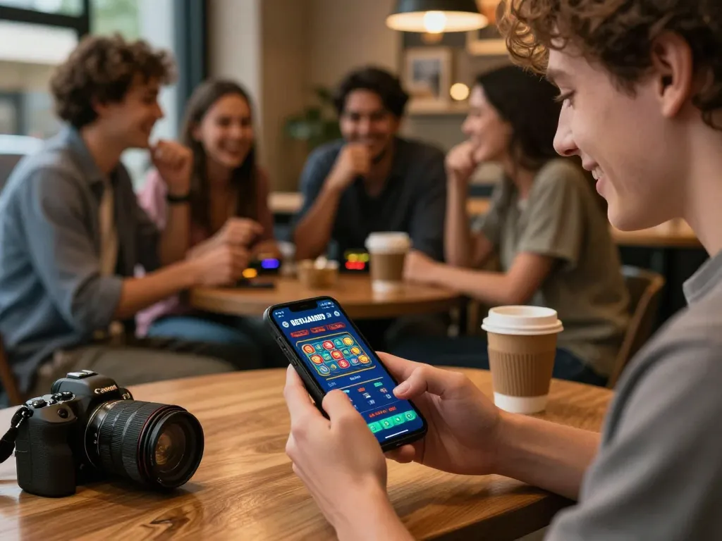 Engaging with BERLIAN889 Slot app on smartphone for exciting online gaming experience in a café.