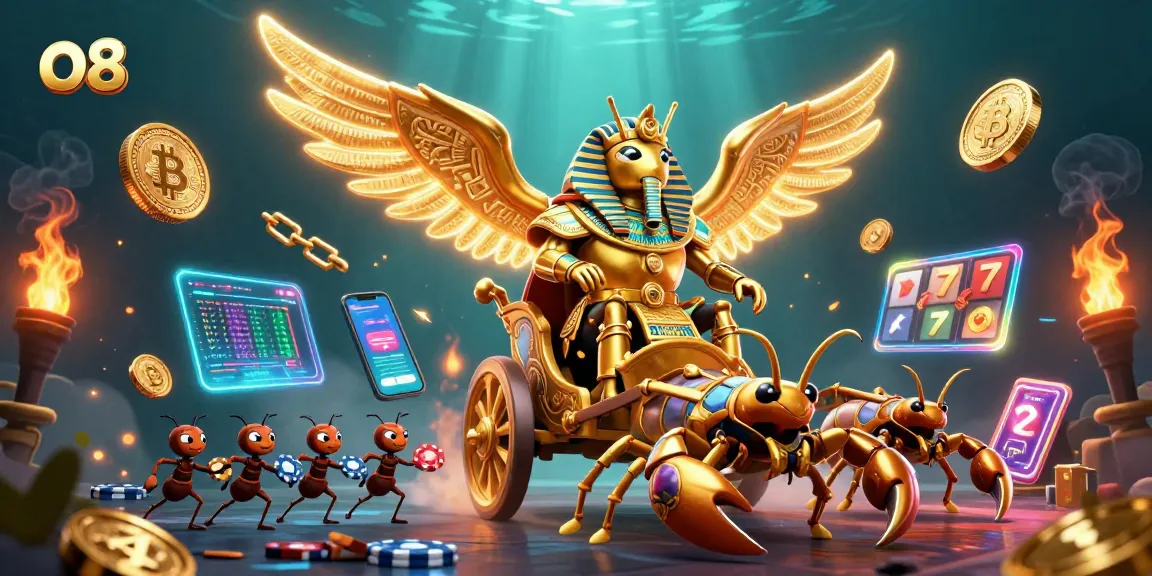 Engage with O8 as a colossal scarab beetle rides a golden chariot in a vibrant casino scene.
