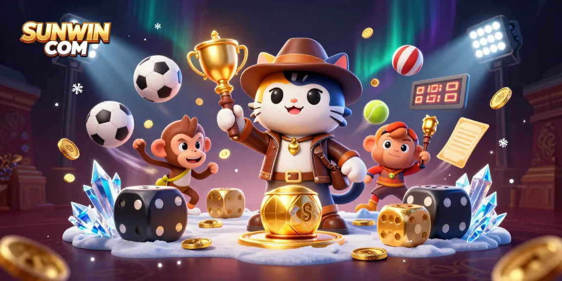 SUNWIN COM showcases an exciting 3D scene with an archaeologist cat discovering a casino artifact in a temple.
