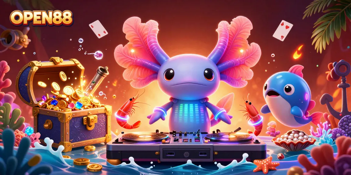 Join the lively underwater gaming scene at OPEN88 with neon characters spinning records and treasure!