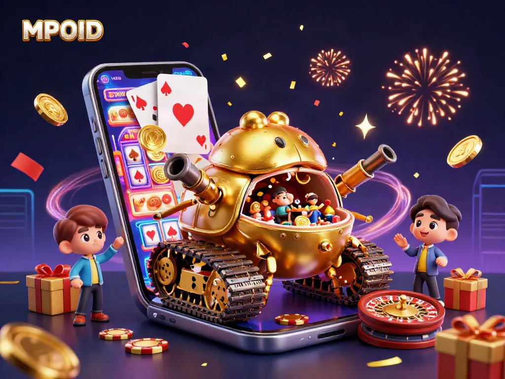 MPOID showcases an exciting 3D casino scene with a golden beetle tank, slot games, confetti, and poker chips.