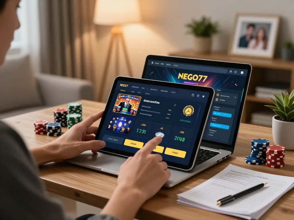 Engaging scene of a user logging into nego77 for online betting on a tablet in a cozy living room.