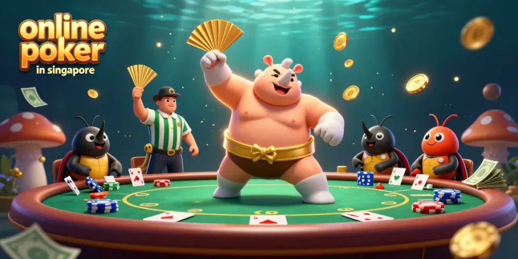 Experience thrilling online poker in Singapore with vibrant characters and dynamic action.
