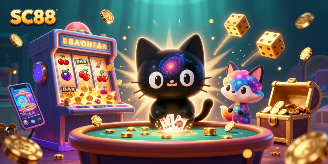 SC88 showcases a colorful cosmic casino scene with a black hole cat and nebula fox captivating players.