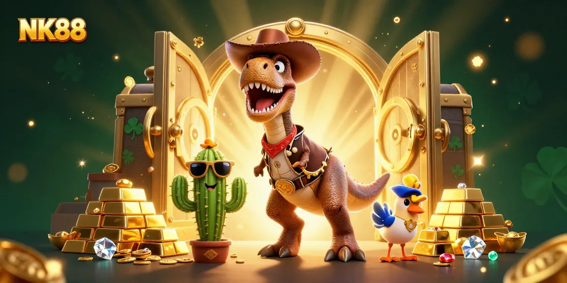 Join the adventure at NK88 with our cartoon dinosaur heroes in a captivating casino treasure scene!