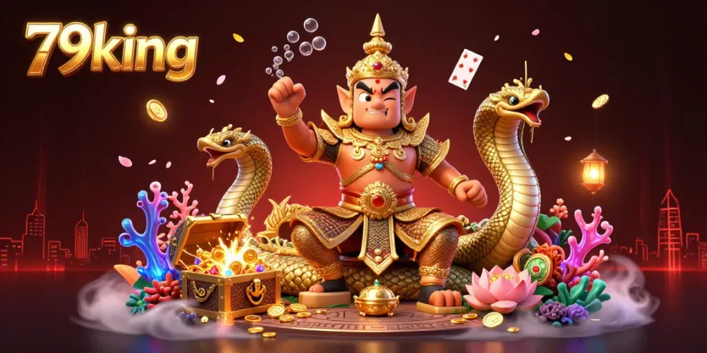 Experience the excitement of 79king with a vibrant 3D illustration showcasing a cartoon guardian and treasure elements.